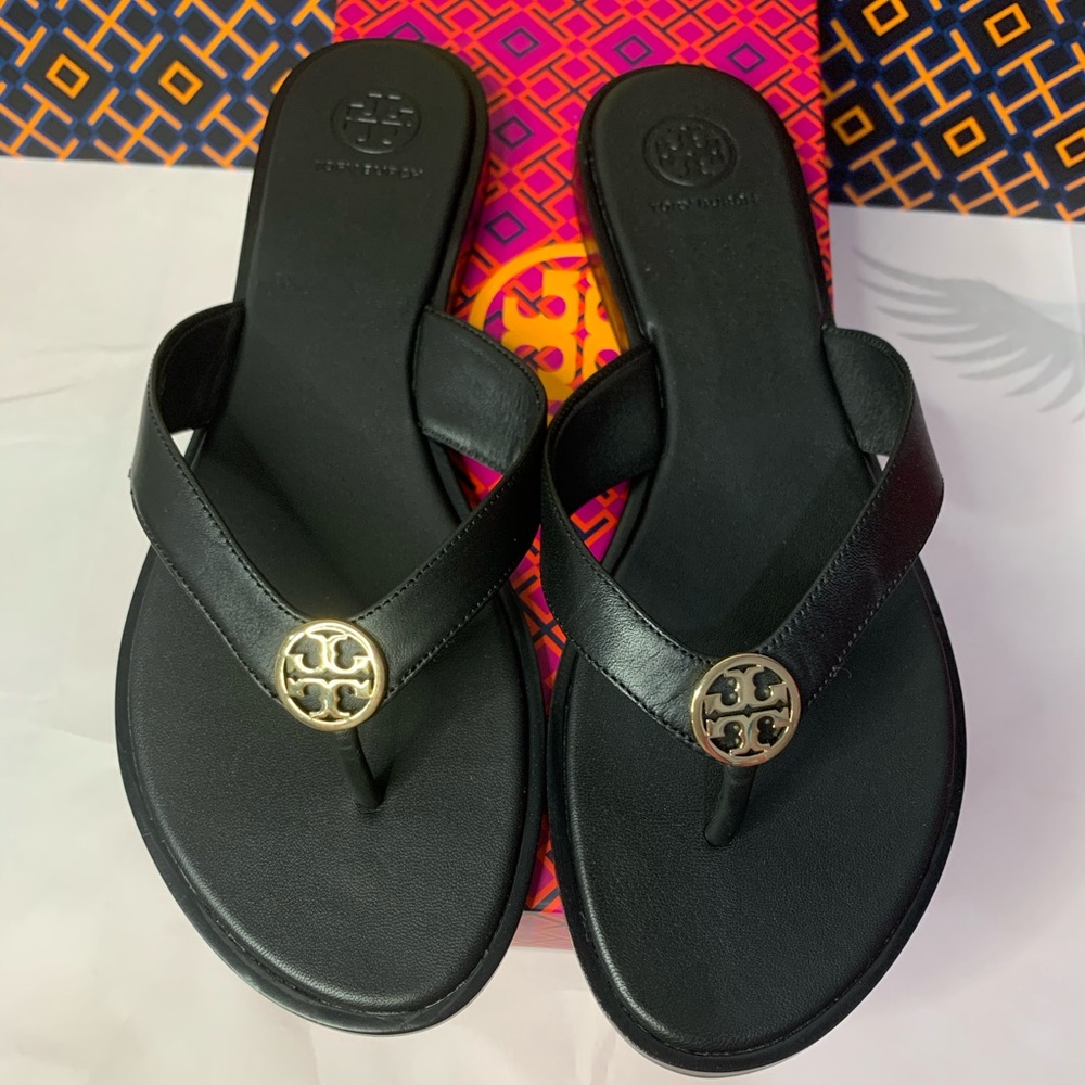 Tory Burch Black Sandals with Gold Emblem